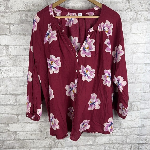Old Navy Button Front Peasant Blouse Size XXL Vibrant Red Pink Floral Boho - Picture 2 of 12